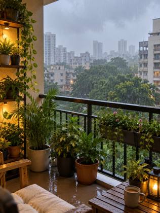 Balcony plants in the rain